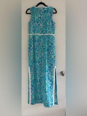 Lilly Pulitzer Turquoise Floral Maxi dress with White Lace Trim